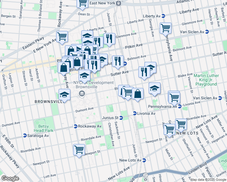 map of restaurants, bars, coffee shops, grocery stores, and more near 422 Blake Avenue in Brooklyn