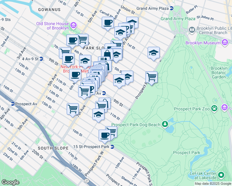 map of restaurants, bars, coffee shops, grocery stores, and more near 799 8th Avenue in Brooklyn
