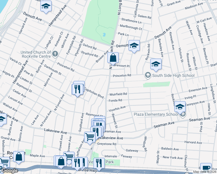 map of restaurants, bars, coffee shops, grocery stores, and more near 375 North Long Beach Road in Rockville Centre