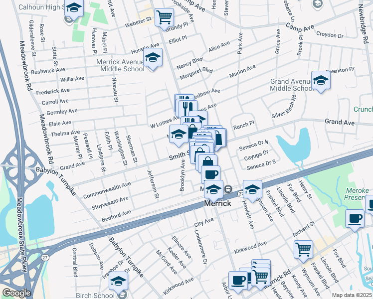 map of restaurants, bars, coffee shops, grocery stores, and more near 12 Smith Street in Merrick