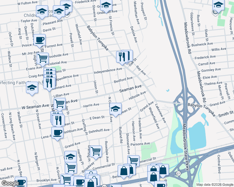 map of restaurants, bars, coffee shops, grocery stores, and more near 196 East Seaman Avenue in Freeport