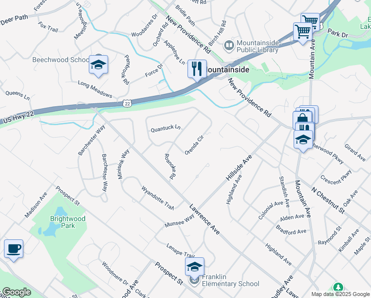 map of restaurants, bars, coffee shops, grocery stores, and more near 319 Orenda Circle in Westfield