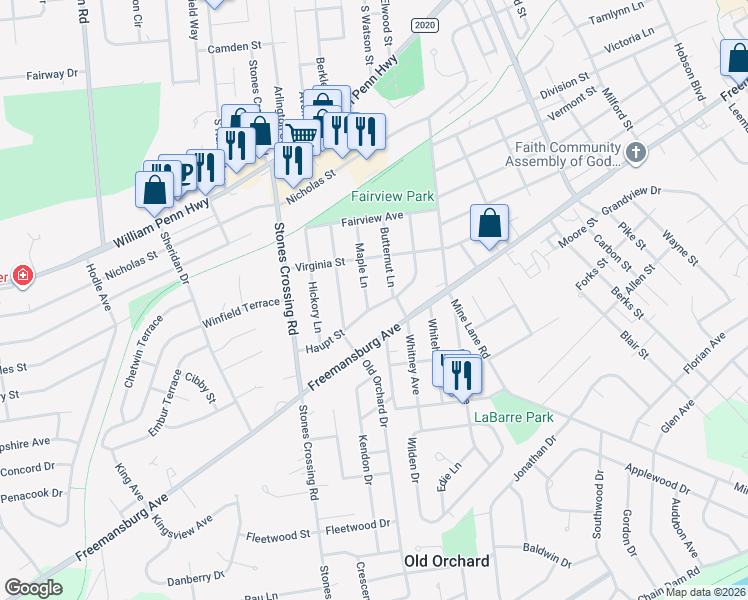 map of restaurants, bars, coffee shops, grocery stores, and more near 785 Maple Lane in Easton