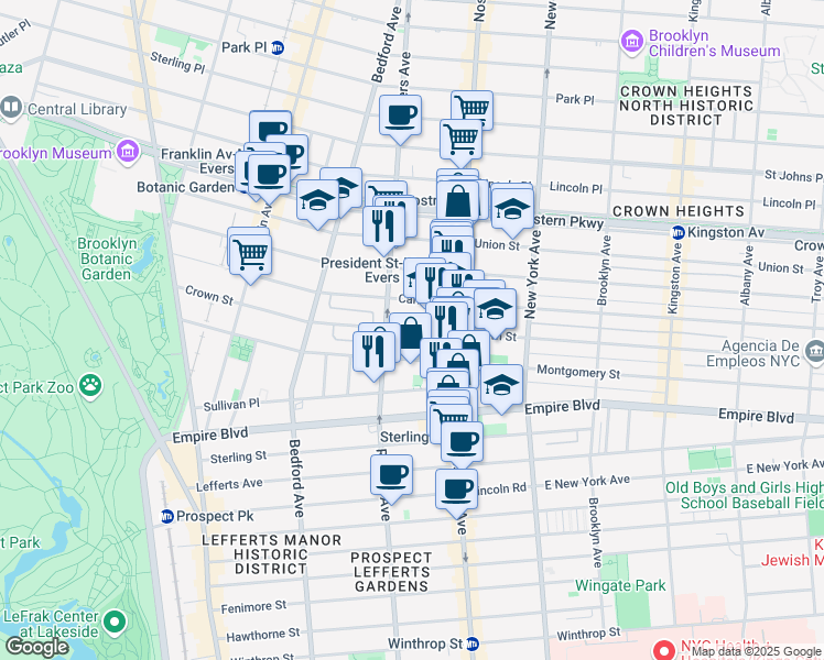 map of restaurants, bars, coffee shops, grocery stores, and more near 242 Crown Street in Brooklyn