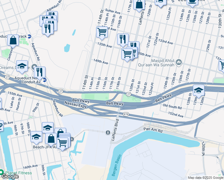 map of restaurants, bars, coffee shops, grocery stores, and more near 150-23 117th Street in Queens