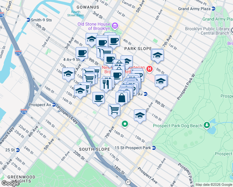 map of restaurants, bars, coffee shops, grocery stores, and more near 430 11th Street in Brooklyn