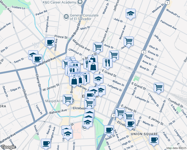 map of restaurants, bars, coffee shops, grocery stores, and more near 157 Jefferson Avenue in Elizabeth