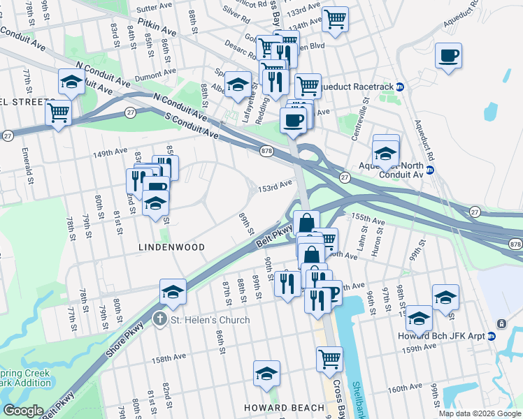 map of restaurants, bars, coffee shops, grocery stores, and more near 59 155th Avenue in Queens