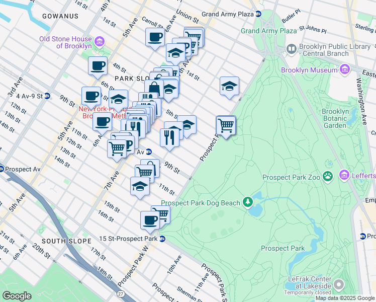 map of restaurants, bars, coffee shops, grocery stores, and more near 581 7th Street in Brooklyn