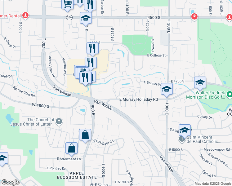 map of restaurants, bars, coffee shops, grocery stores, and more near 4783 South Pintail Court in Millcreek