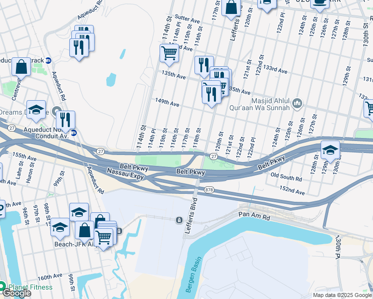 map of restaurants, bars, coffee shops, grocery stores, and more near 150-23 117th Street in Queens
