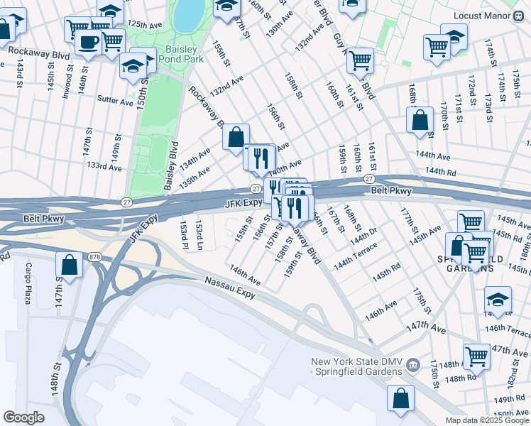 map of restaurants, bars, coffee shops, grocery stores, and more near 144-18 156th Street in Queens