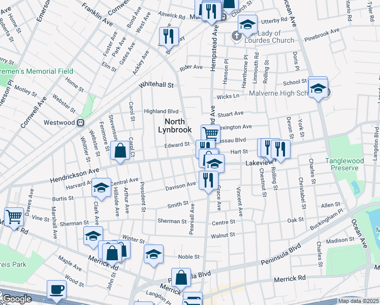 map of restaurants, bars, coffee shops, grocery stores, and more near 13 Hendrickson Avenue in Lynbrook