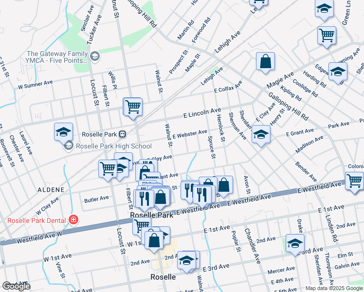 map of restaurants, bars, coffee shops, grocery stores, and more near 425 Walnut Street in Roselle Park