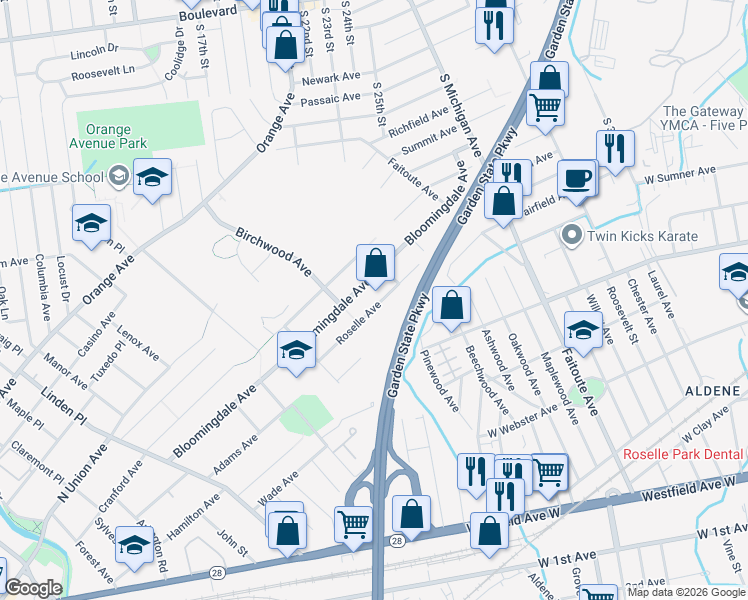 map of restaurants, bars, coffee shops, grocery stores, and more near 31 Roselle Avenue in Cranford