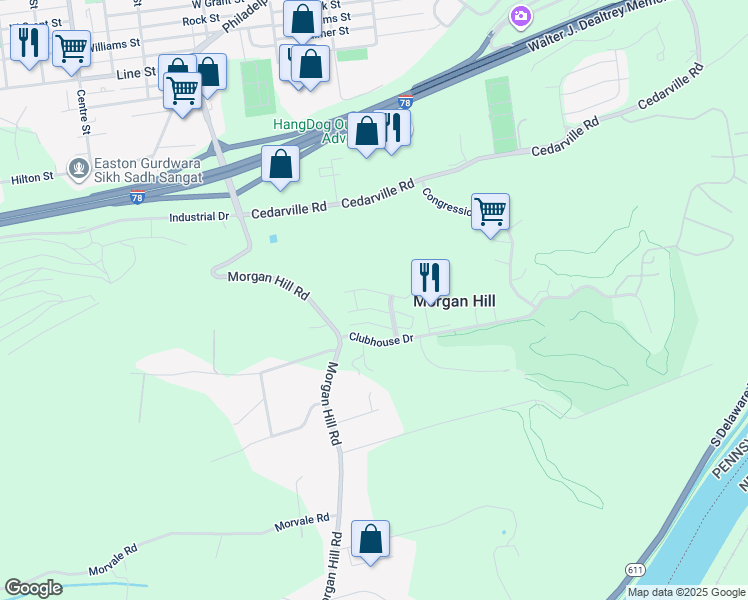 map of restaurants, bars, coffee shops, grocery stores, and more near 325 Waterford Terrace in Easton