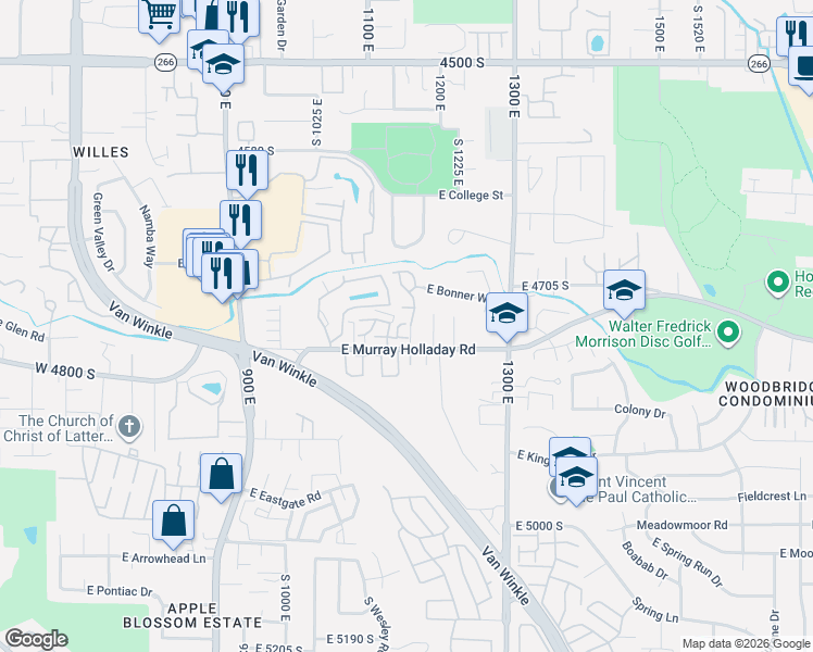 map of restaurants, bars, coffee shops, grocery stores, and more near 4751 Holladay Wood Lane East in Millcreek