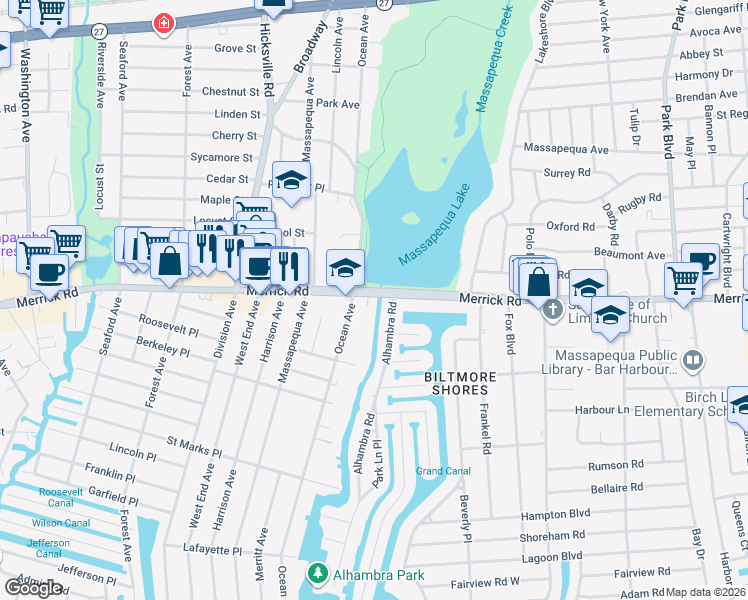map of restaurants, bars, coffee shops, grocery stores, and more near 4460 Merrick Road in Massapequa