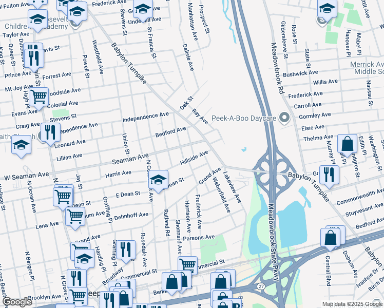 map of restaurants, bars, coffee shops, grocery stores, and more near 95 Hillside Avenue in Freeport