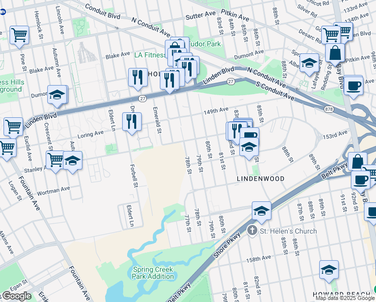 map of restaurants, bars, coffee shops, grocery stores, and more near 151-24 79th Street in Queens