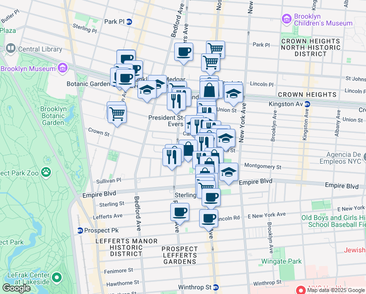 map of restaurants, bars, coffee shops, grocery stores, and more near 211 Crown Street in Brooklyn