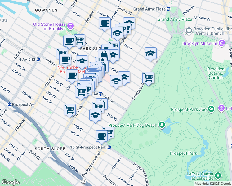 map of restaurants, bars, coffee shops, grocery stores, and more near 615 8th Avenue in Brooklyn