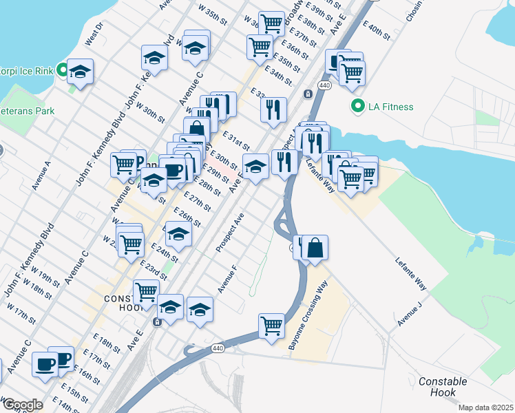 map of restaurants, bars, coffee shops, grocery stores, and more near 76 East 29th Street in Bayonne