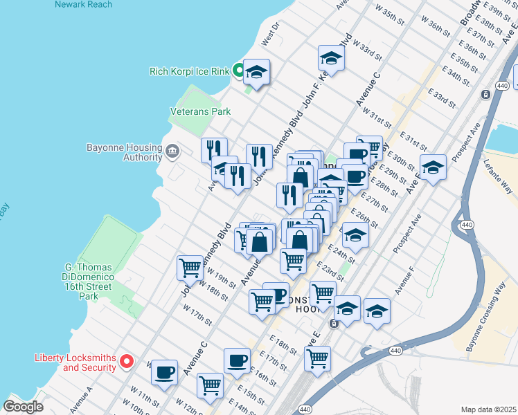 map of restaurants, bars, coffee shops, grocery stores, and more near 81-83 East 24th Street in Bayonne