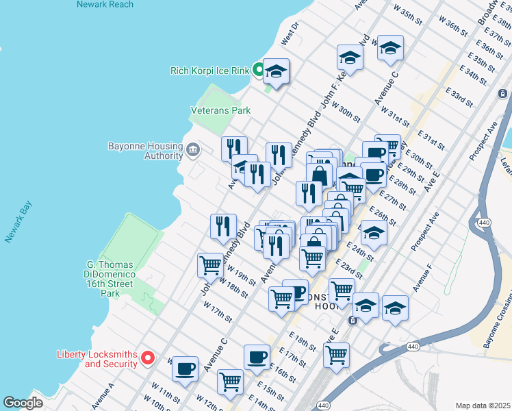 map of restaurants, bars, coffee shops, grocery stores, and more near in Bayonne