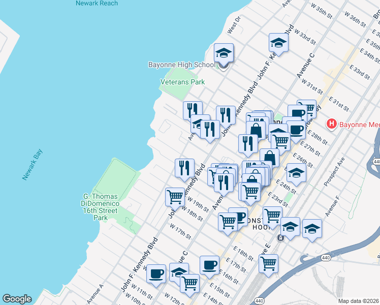 map of restaurants, bars, coffee shops, grocery stores, and more near 132 West 23rd Street in Bayonne