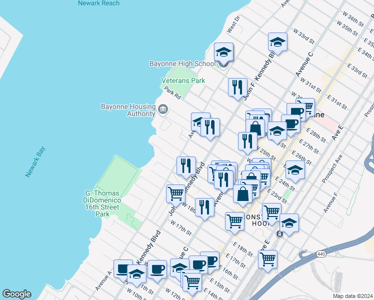 map of restaurants, bars, coffee shops, grocery stores, and more near 515 Avenue A in Bayonne