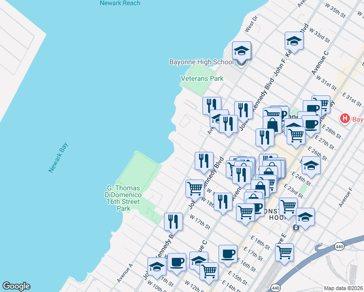 map of restaurants, bars, coffee shops, grocery stores, and more near 170 West 21st Street in Bayonne