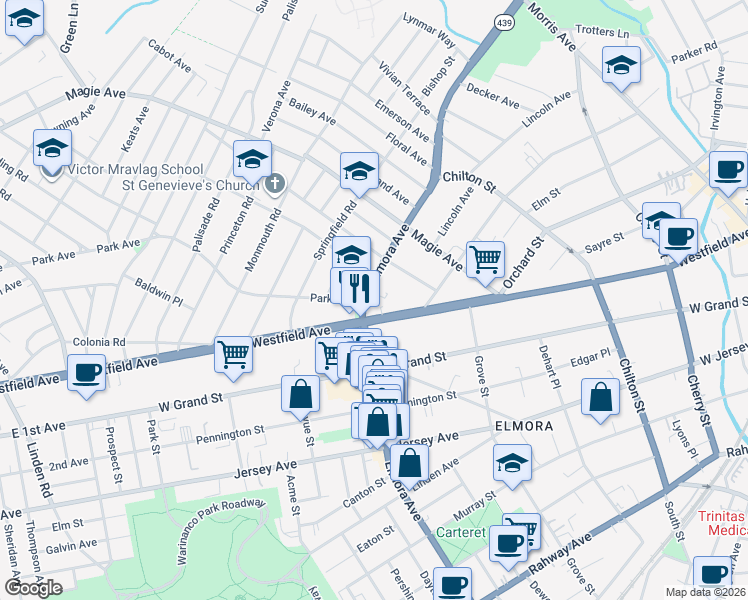 map of restaurants, bars, coffee shops, grocery stores, and more near 331 Elmora Avenue in Elizabeth