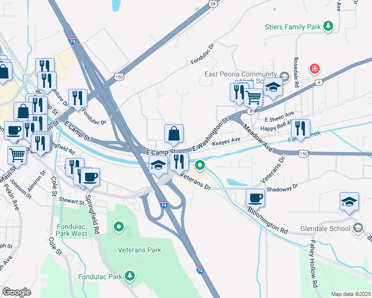 map of restaurants, bars, coffee shops, grocery stores, and more near 905 East Washington Street in East Peoria