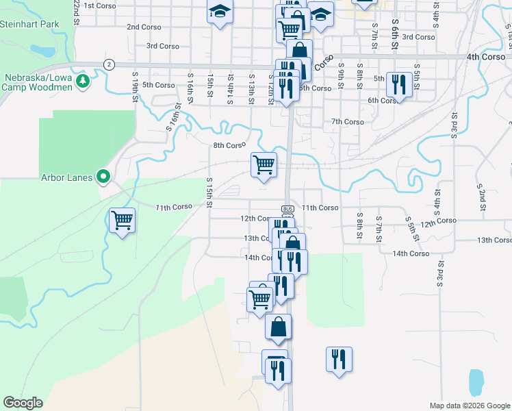 map of restaurants, bars, coffee shops, grocery stores, and more near 1102 South 13th Street in Nebraska City