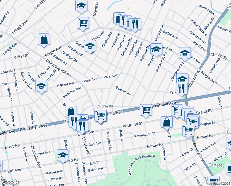 map of restaurants, bars, coffee shops, grocery stores, and more near 40 Hillside Road in Elizabeth
