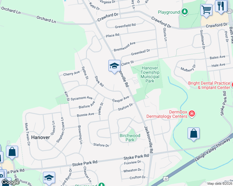 map of restaurants, bars, coffee shops, grocery stores, and more near 1163 Stark Road in Bethlehem