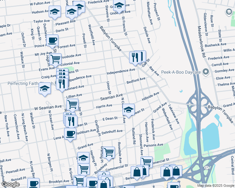 map of restaurants, bars, coffee shops, grocery stores, and more near 151 East Seaman Avenue in Freeport