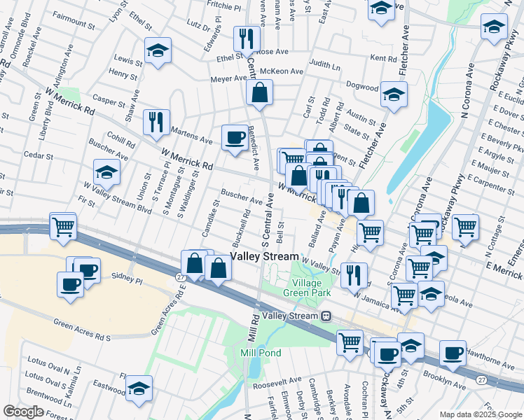 map of restaurants, bars, coffee shops, grocery stores, and more near 44 South Central Avenue in Valley Stream