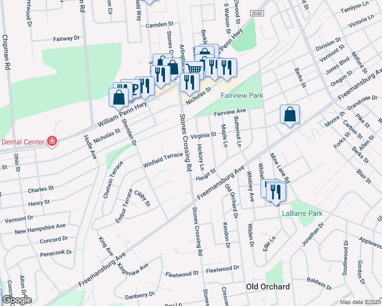 map of restaurants, bars, coffee shops, grocery stores, and more near 805 Stones Crossing Road in Easton