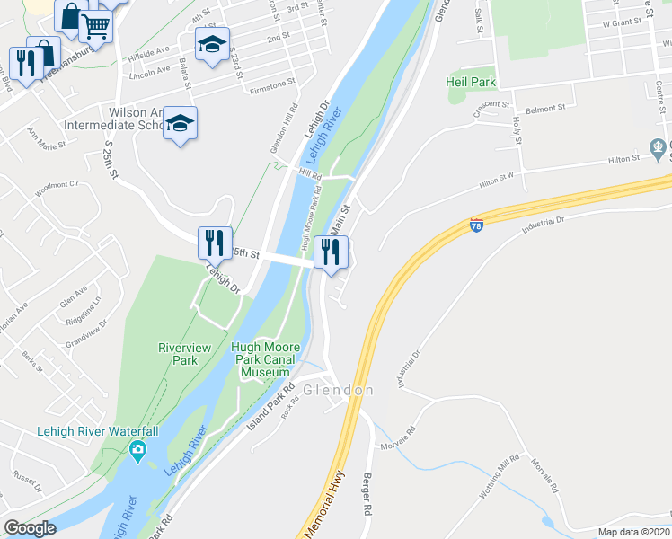 map of restaurants, bars, coffee shops, grocery stores, and more near 7 2nd Street in Easton