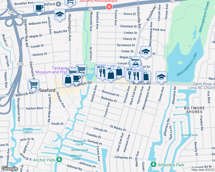 map of restaurants, bars, coffee shops, grocery stores, and more near 4160 Merrick Road in Massapequa