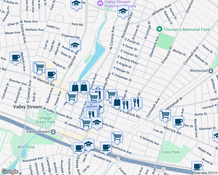 map of restaurants, bars, coffee shops, grocery stores, and more near 16 East Melrose Street in Valley Stream