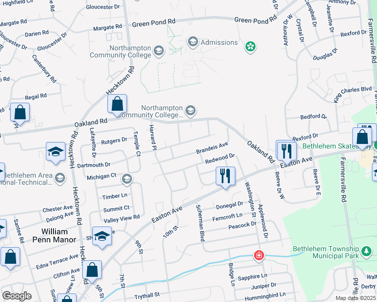 map of restaurants, bars, coffee shops, grocery stores, and more near 3851 Brandeis Avenue in Bethlehem