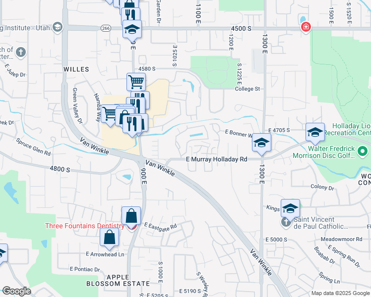 map of restaurants, bars, coffee shops, grocery stores, and more near 4571 Woodduck Lane in Millcreek