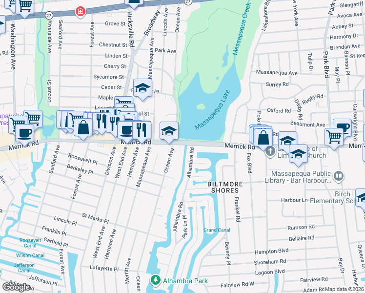 map of restaurants, bars, coffee shops, grocery stores, and more near 4460 Merrick Road in Massapequa