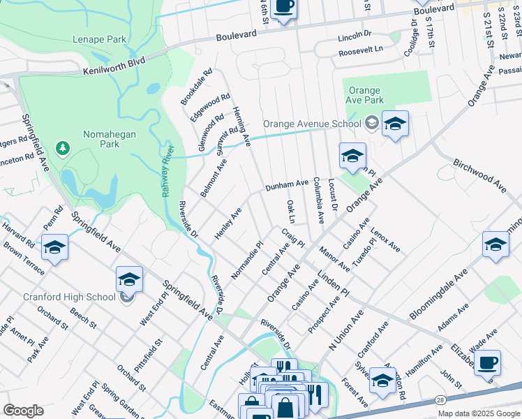 map of restaurants, bars, coffee shops, grocery stores, and more near 25 Elmora Avenue in Cranford