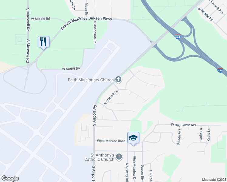 map of restaurants, bars, coffee shops, grocery stores, and more near 1913 South Mahark Lane in Peoria
