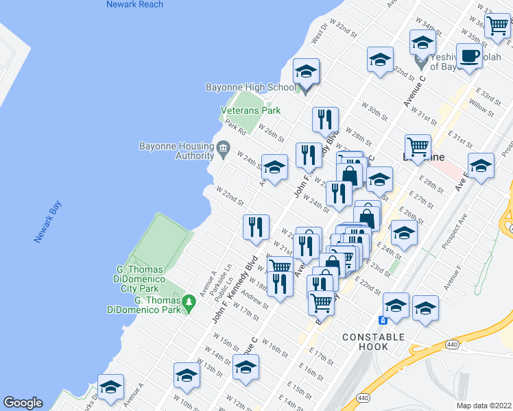 map of restaurants, bars, coffee shops, grocery stores, and more near 515 Avenue A in Bayonne