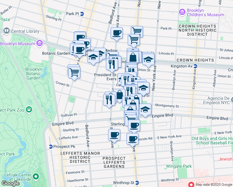 map of restaurants, bars, coffee shops, grocery stores, and more near 231 Crown Street in Brooklyn